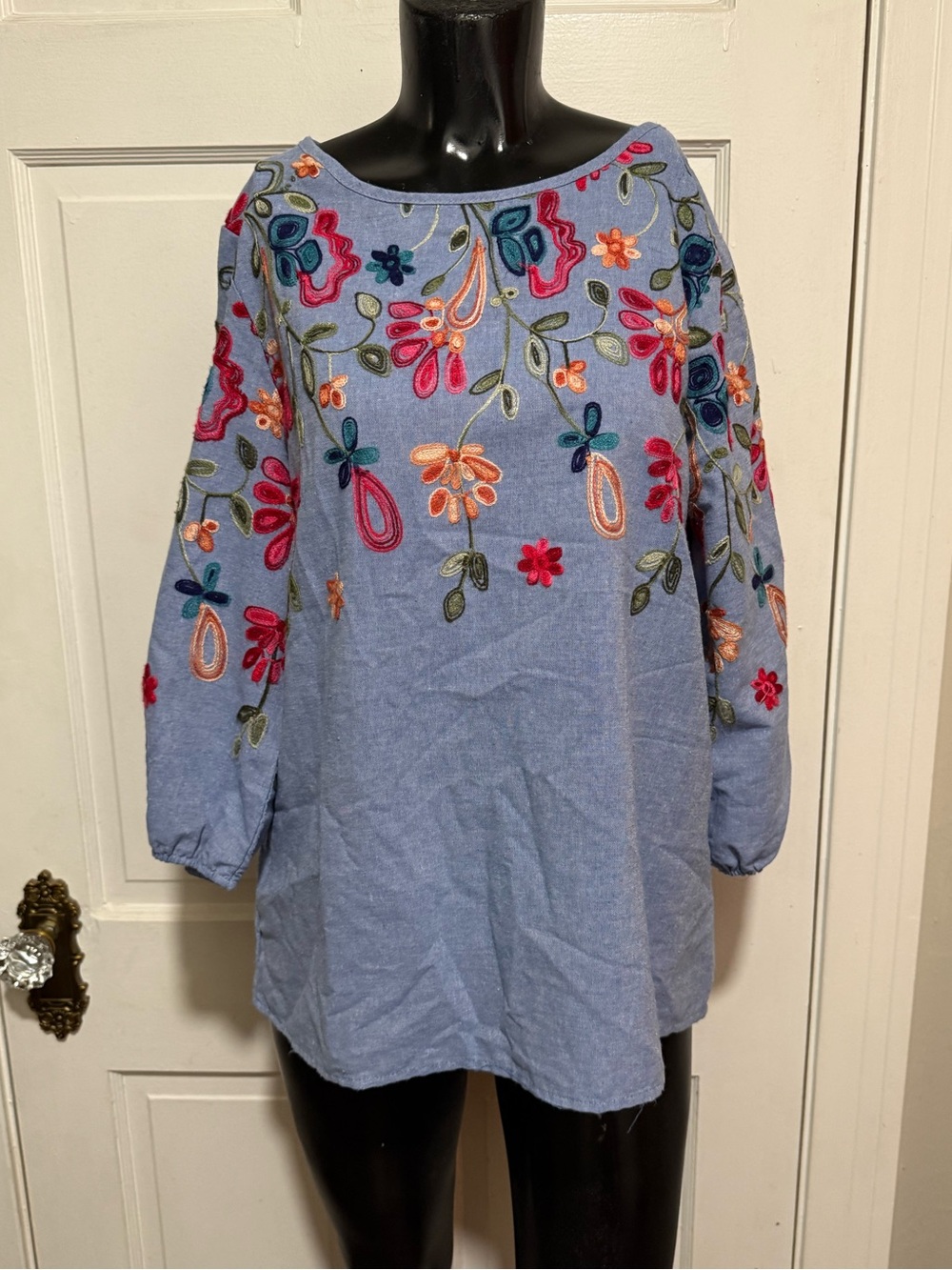 Womens Kindred Embroidered Floral 3/4 Sleeve Shirt Multicolored Size Large